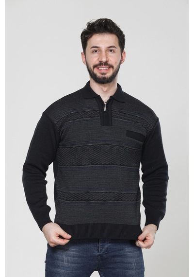 Kzc Tekstil Erkek Baba Orta Yaş Ve Üzeri Triko Örgü Akrilik Kışlık Regular Fit Cepli Fermuarlı Polo Yaka Kazak Lacivert