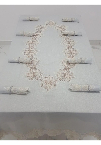 Nihal Güpürlü Keten Gri Sofra Takımı 8 Kişilik 160x230 Cm 17 Prç. - 1154 Çok Renkli