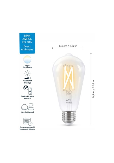 Wiz ST64 60 W Sarı-Beyaz Ambiyans E27 Şeffaf Cam Akıllı Filament Ampul