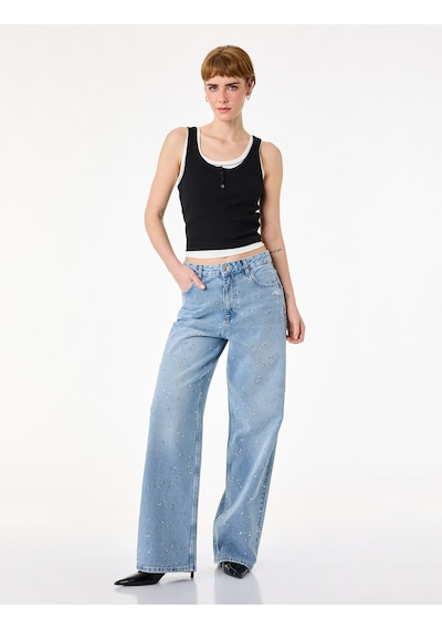 Koton Rahat Kalıp Düğmeli Cepli Taşlı Denim Pantolon - Baggy Jeans Açık İndigo 6sal40103md Açık İndigo Koton Rahat Kalıp Düğmeli Cepli Taşlı Denim Pantolon - Baggy Jeans Açık İndigo 6sal40103md Açık İndigo