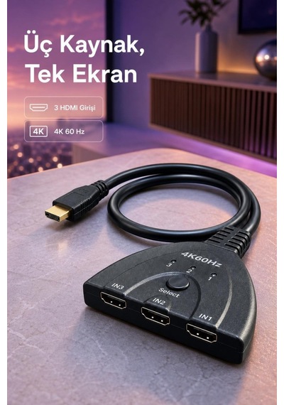 3 Giriş 1 Çıkış Hdmı Seçici 4k 60 Hz, Hdmı 2.0, Hdr Destekli