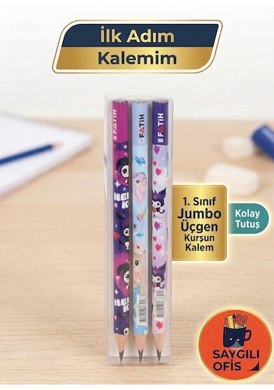 Saygılıofis İlk Kalemim Jumbo Üçgen Başlangıç Kalemi Kurşun Kalem Desenli 3 Adet Kız Çok Renkli