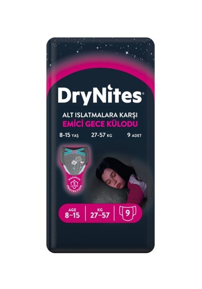Drynites Kız Emici Gece Külodu 27-57 KG 8-15 Yaş 5 x 9 Adet 5'li