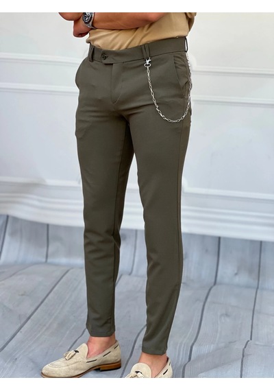 Modefendi Slim Fit Kalıp Düz Kumaş Pantolon Koyu Haki