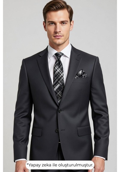 Gaffy Beyaz Desenli Siyah Dokuma Kumaş Mendilli Slim Fit Kravat // Sdk-2601-1 Siyah