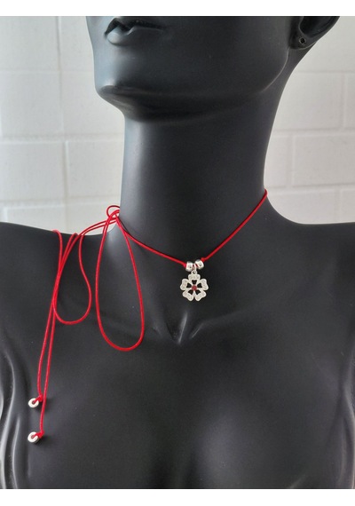 925 Ayar Gümüş Zirkon Taşlı Kırmızı İp Lotus Çiçek Tasarım Choker Kadın Kolye