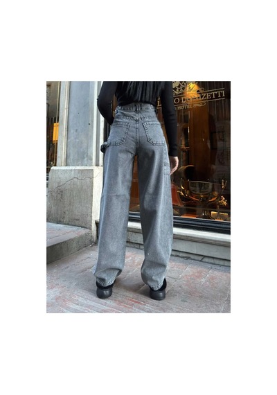Kene Jeans Yüksek Bel Kar Siyah Yan Kemer Tokalı Kargo Cep/baggy Bol Paça Jeans Siyah
