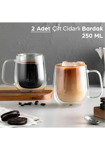 Berri 2 Adet Çift Cidarlı 250 Ml Kahve Kupası Kupa Bardak Şeffaf