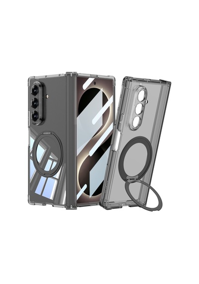 Samsung Galaxy Uyumlu Z Fold 8 Ultra Kılıf M-safe Şarj Özellikli 360 Ring Standlı Şeffaf Kapak Kpt-09 Siyah
