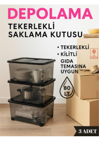Kilitli Saklama Kutusu Tekerlekli 80 Litre 3 Adet Saklama Kabı Düzenleyici Siyah