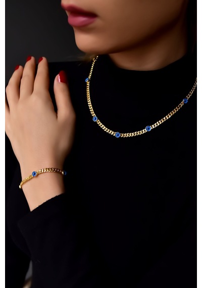 Papatya Silver 925 Ayar Gümüş Gold Kaplama Cam Göz Zincir Kolye ve Bileklik Set