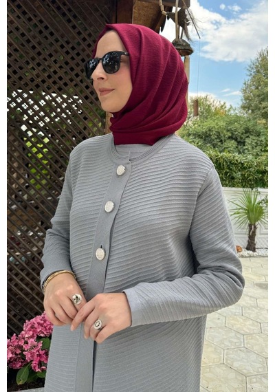 Rabia Şamlı Sinem Çelik Örme Triko Hırka Gri Çok Renkli