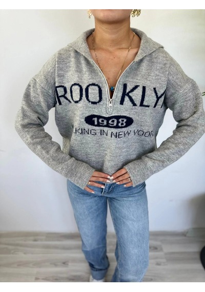 Keymoda Kadın Brooklyn Baskılı Kazak Gri Gri