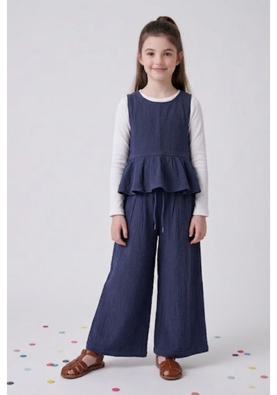 Angel&co. Girls Clothing Kız Çocuk Müslin Bluz Pantolon 2'li Takım Lacivert Lacivert