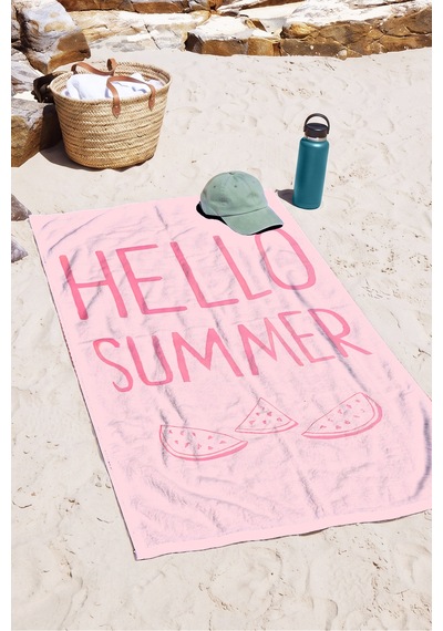 Hello Summer Yazılı Karpuz Temalı Pembe Plaj Havlusu - Tropikal Modern Pastel Banyo Sahil Örtüsü Çok Renkli