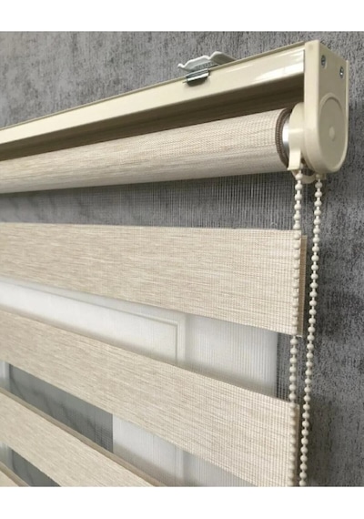 Ekru Beyaz Geniş Pliseli Zebra Stor Güneşlik Perde Eteği Dilimli Alüminmyumkasa Metal Ayak Beyaz