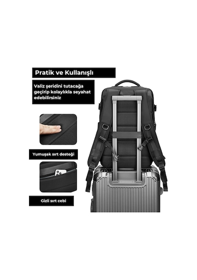 Su Geçirmez 16" İnç 39l Ayakkabı Bölmeli Seyahat Sırt Çantası - Laptop Bölmeli, Usb Şarj Girişli Siyah