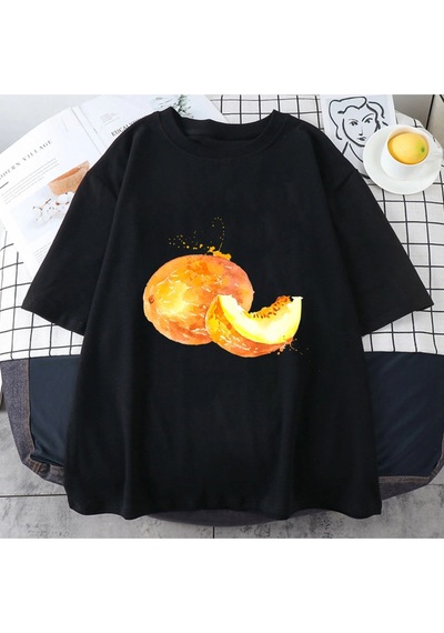 Startmore Beyaz Meyve Nar Kavun Baskı Lu Üstleri Gevşek O-boyun Tees Siyah