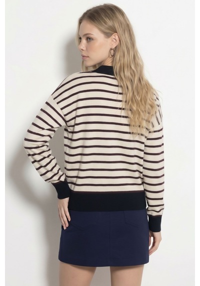Soft&basic Çizgili Polo Yaka Triko Kadın Kazak Fermuarlı Bordo