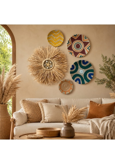 Momiko 5li Bohem El Yapımı Hasır Duvar Tabağı Seti - Etnik Set Boho -