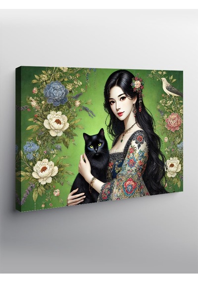 Kanvas Tablo Siyah Kedi Ve Kadın