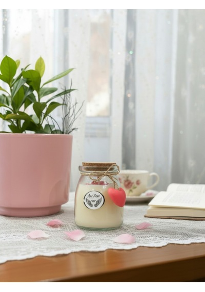 Aşk Temalı Gül Kokulu Kavanoz Mum, Hediyelik Ve Ev Dekorasyonu, Sevgililer Günü Beyaz