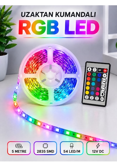 Rgb Şerit Led 5 Metre 12v 2835 Smd Kumandalı Renkli Oda Ve Ev Aydınlatması Adaptor Sec-Kumanda-Metraj Seç Yok-Kumanda-Yok