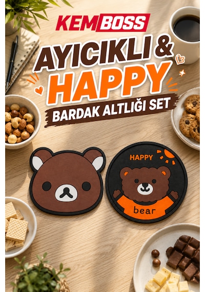 Kemboss Ayıcık Ve Happy Ayıcık Bardak Altlığı Seti 4'lü - Pvc Kaydırmaz Bardak Altlığı 2 Ayıcık + 2 Happy Ayıcık Çok Renkli