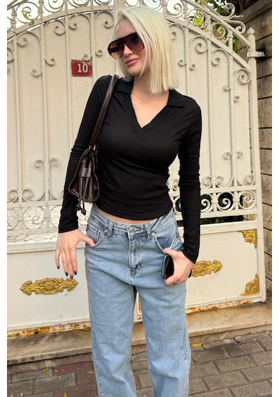 Madmext Siyah Polo Yaka Fitilli Kadın Body Mg2566 Siyah