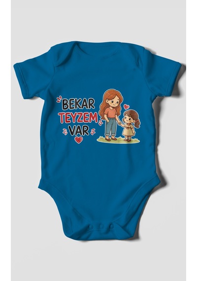 Morivokids Bekar Teyzem Var Kısa Kollu Bebek Body %100 Pamuk Koyu Mavi