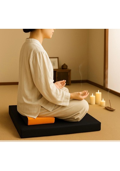 60x60 Meditasyon Minderi Seti İkili Yoga Meditasyon Minderi Lotus Çiçeği Baskılı Meditasyon Minderi Siyah - Turuncu