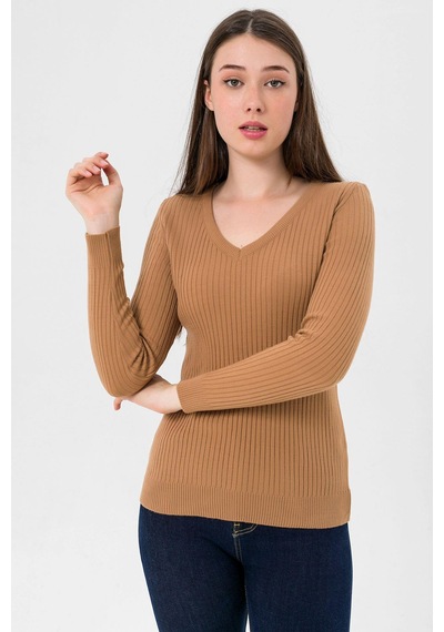 Miss Poem Kadın V Yaka Slim Fit Fitilli Uzun Kışlık Camel Triko Kazak Camel