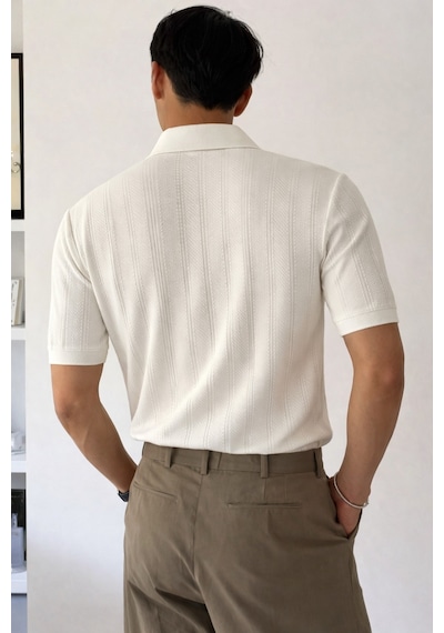 Tarz Cool Erkek Triko Polo Yaka Tişört Slim İnce Dokulu Şık Basic Triko T-shirt Beyaz
