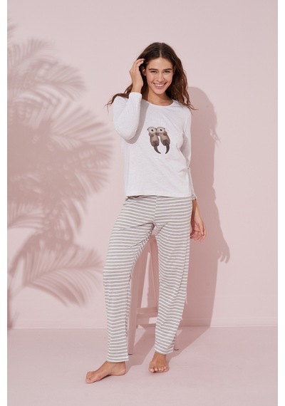 Siyah İnci Pamuklu Örme Pijama Takım 24241110 Gri