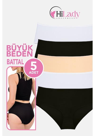 Kadın Külot, Orta Yüksek Bel Büyük Beden Külot 4xl-5xl-6xl 5 Adet, Yumuşak Pamuklu Rahat Kumaş Siyah - Beyaz - Ten