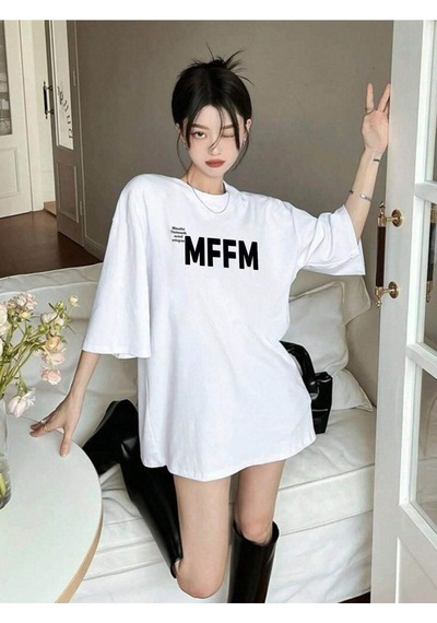 Unisex Beyaz Oversize Mffm Baskılı Örme T-shirt Beyaz