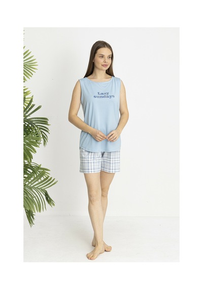 Estiva Kadın Kareli Alt Desenli Mavi Kolsuz Şortlu Penye Lycra Pijama Takımı Çok renkli