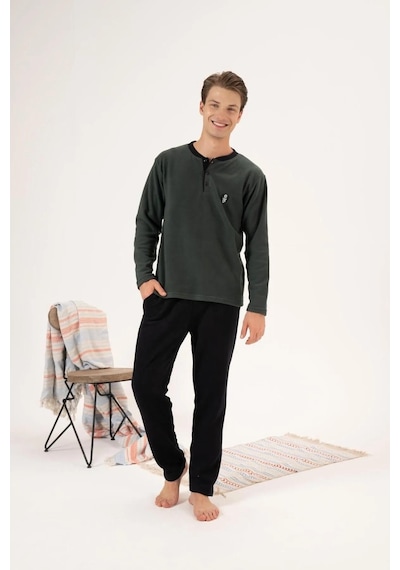 Estiva 24421 Erkek Kışlık Polar Düğmeli Yaka Pijama Takımı Haki