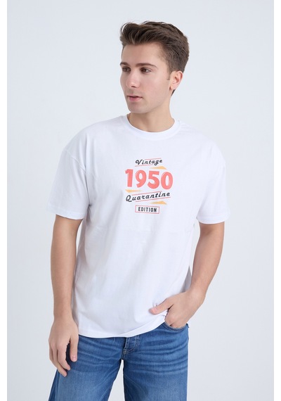 Erkek Oversize Baskılı T-shirt Beyaz 1950 Beyaz