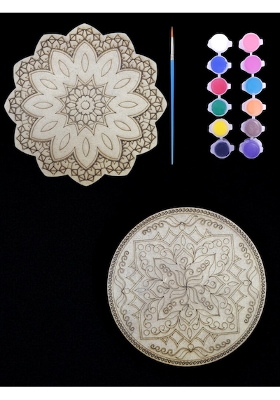 Mandala , 20 Cm 2'li Ahşap Hobi Boyama Setleri Model 4