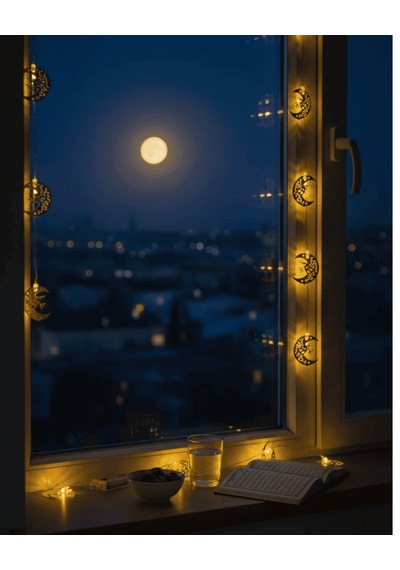 Hilal Led Işık Ramazan Minare Detaylı Günışığı Sarı Metal Süs Çok Renkli