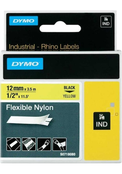 Dymo Rhinopro 18490 Sarı/Siyah Esnek Naylon Şerit 12 MM X 3.5 M