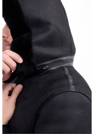 M M Marki Marki Hakiki Deri Erkek Mont Siyah İçi Kürklü Çıkma Kapüşonlu Fermuarlı 70 Cm - 507722