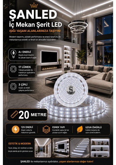 3 Çipli Şerit Led Beyaz Işık Rengi 12v 20 Metre