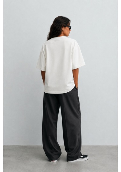 Modivibe Kadın Oversize T-shirt Kalın Dokulu %100 Pamuk Geniş Kesim Beyaz