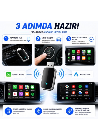 Hpytech Kablosuz Carplay Android Auto Dönüştürücü Usb & Type-c Mini Adaptör Wireless Carplay Dongle Tak Çalıştır Bluetooth 5.0 5ghz Wifi İphone & Android Uyumlu