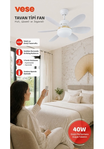 40w Uzaktan Kumandalı Tavan Vantilatörü Led Işıklı E27 Uyumlu Fan