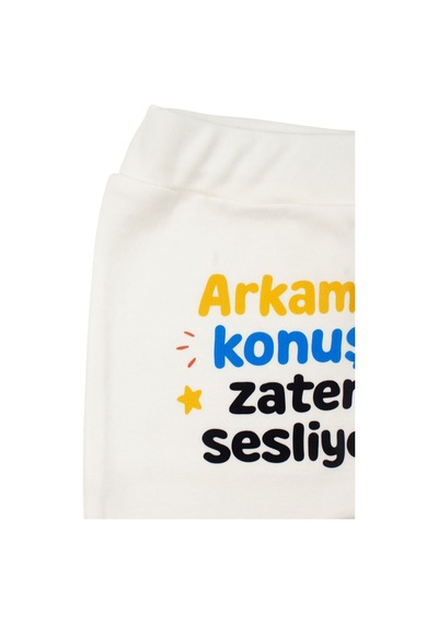 Bebegen Unisex Ekru Arkamdan Konuşma Zaten Sesliydi Baskılı Patikli Tek Alt Çok Renkli