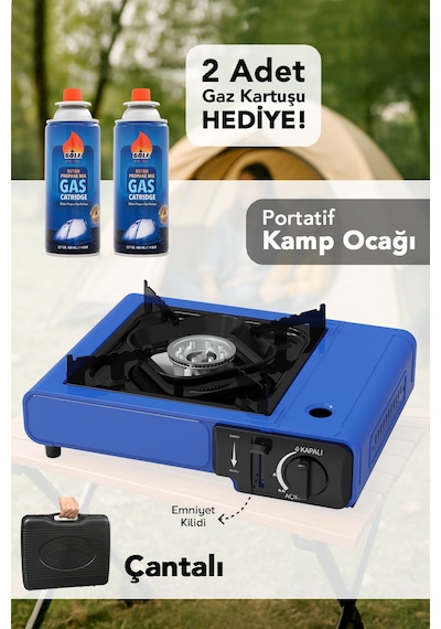 Portatif Kamp Ocağı - Taşıma Çantalı Gazlı Stop Emniyetli Mavi Kamp Ocağı Ve 2 Adet 227 Gr Kartuş Mavi