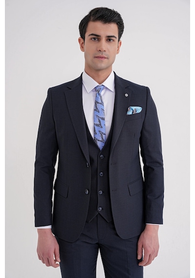 Efor Slim Fit Mono Yaka Çift Yırtmaç Armürlü Esnek Yünlü Lacivert Yelekli Klasik Takım Elbise Tk 933 Lacivert